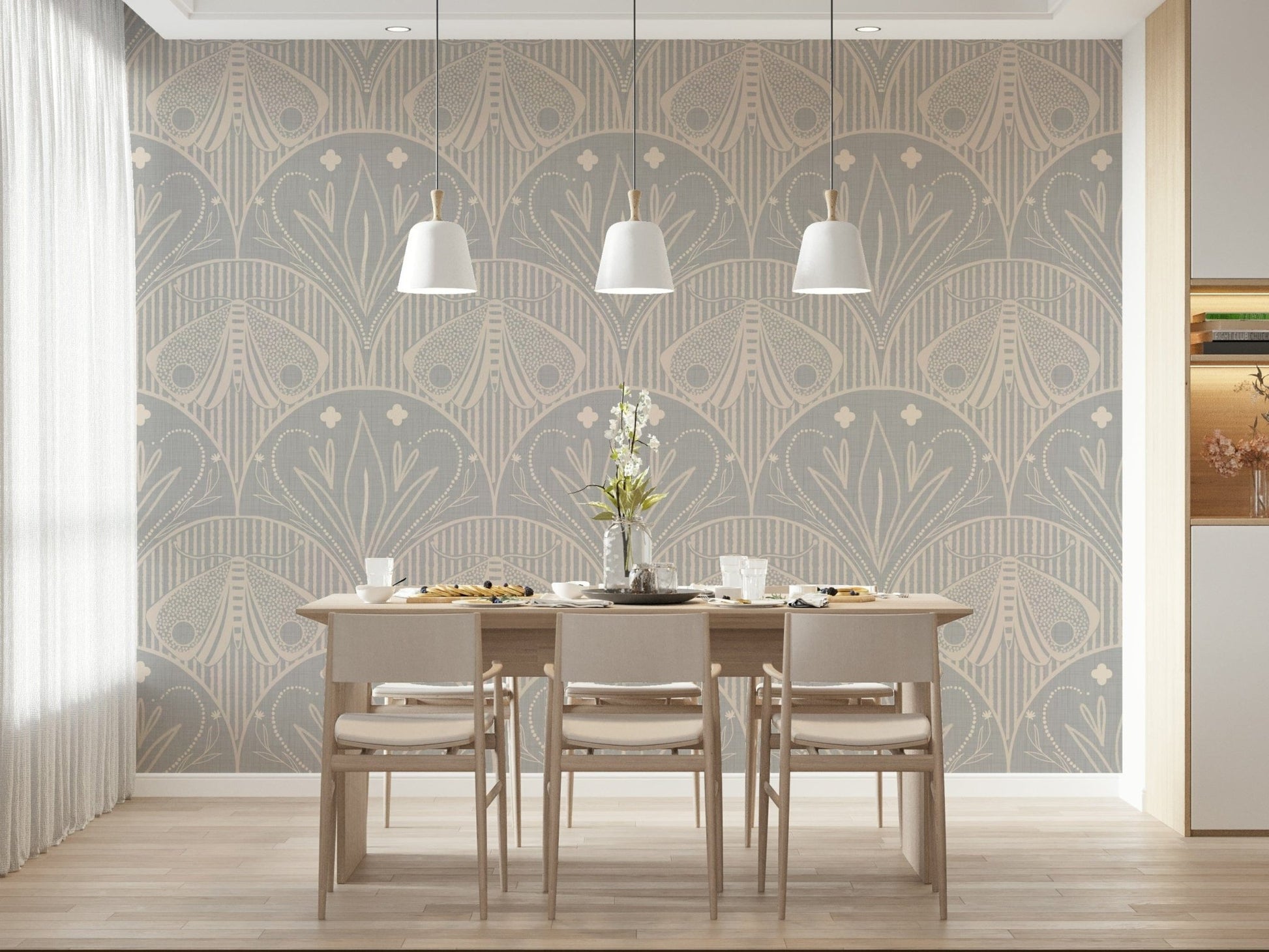 Calming Boho Art Nouveau Scallop Butterfly Floral inor Light Grey sophisticated wall covering.