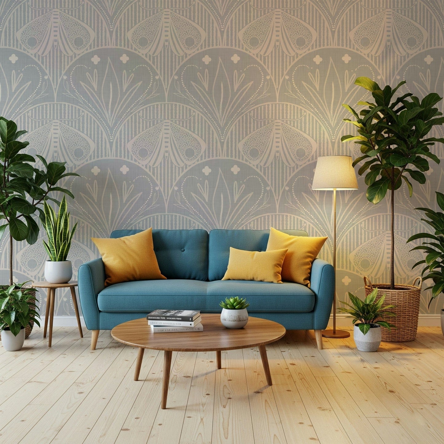 Cream and grey Boho Art Nouveau Scallop Butterfly Floral inor Light Grey wall covering.