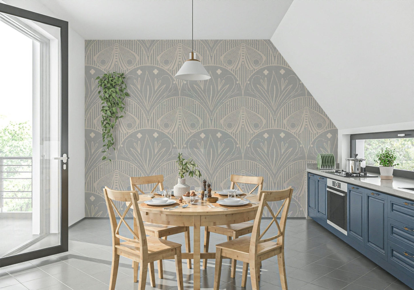 Elegant Boho Art Nouveau Scallop Butterfly Floral inor Light Grey scallop framed art print.