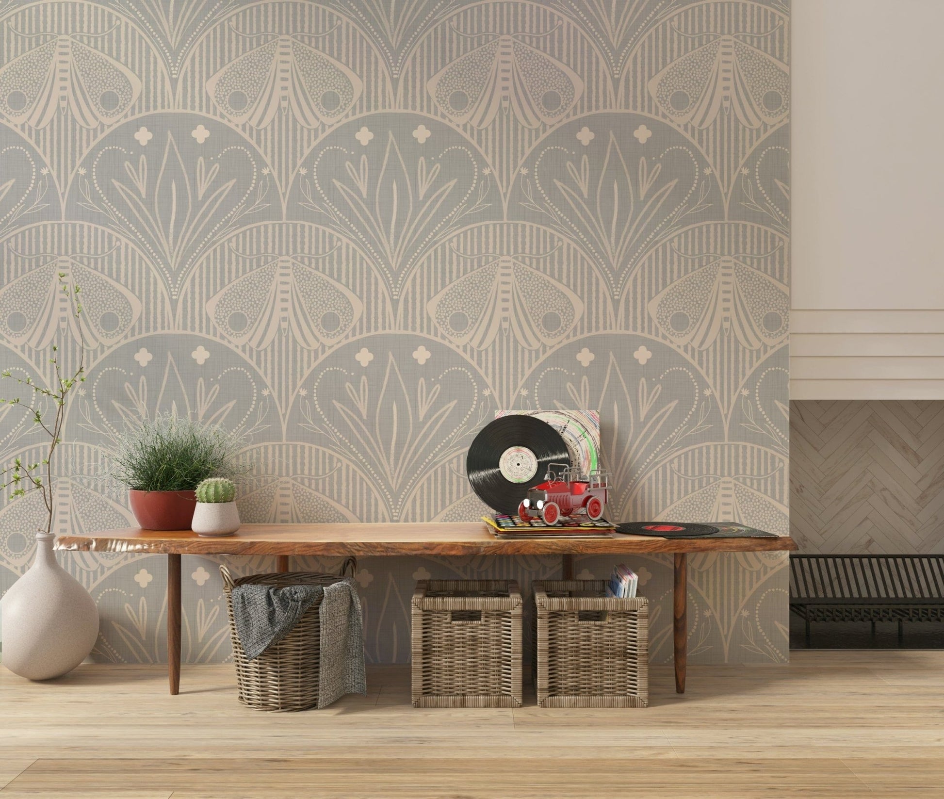 Neutral light grey and beige Boho Art Nouveau Scallop Butterfly Floral inor Light Grey wallpaper.