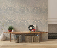 Neutral light grey and beige Boho Art Nouveau Scallop Butterfly Floral inor Light Grey wallpaper.