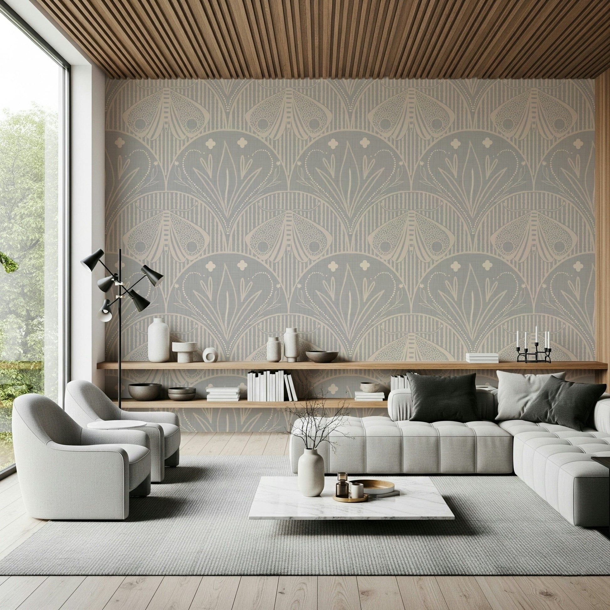 Fabric texture Boho Art Nouveau Scallop Butterfly Floral inor Light Grey grey patterned surface.