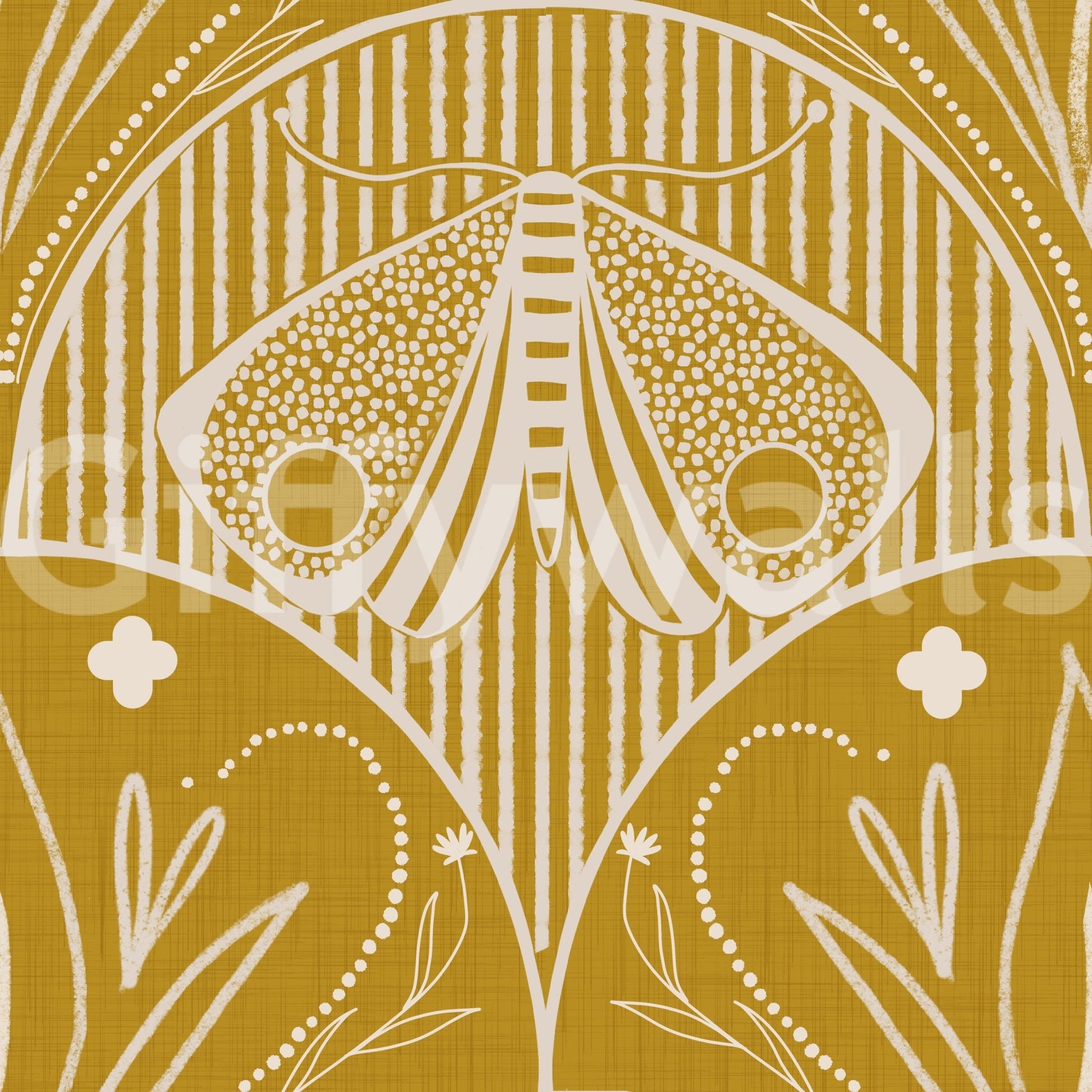 Artistic Butterfly Floral Art Nouveau ochre background wallpaper.