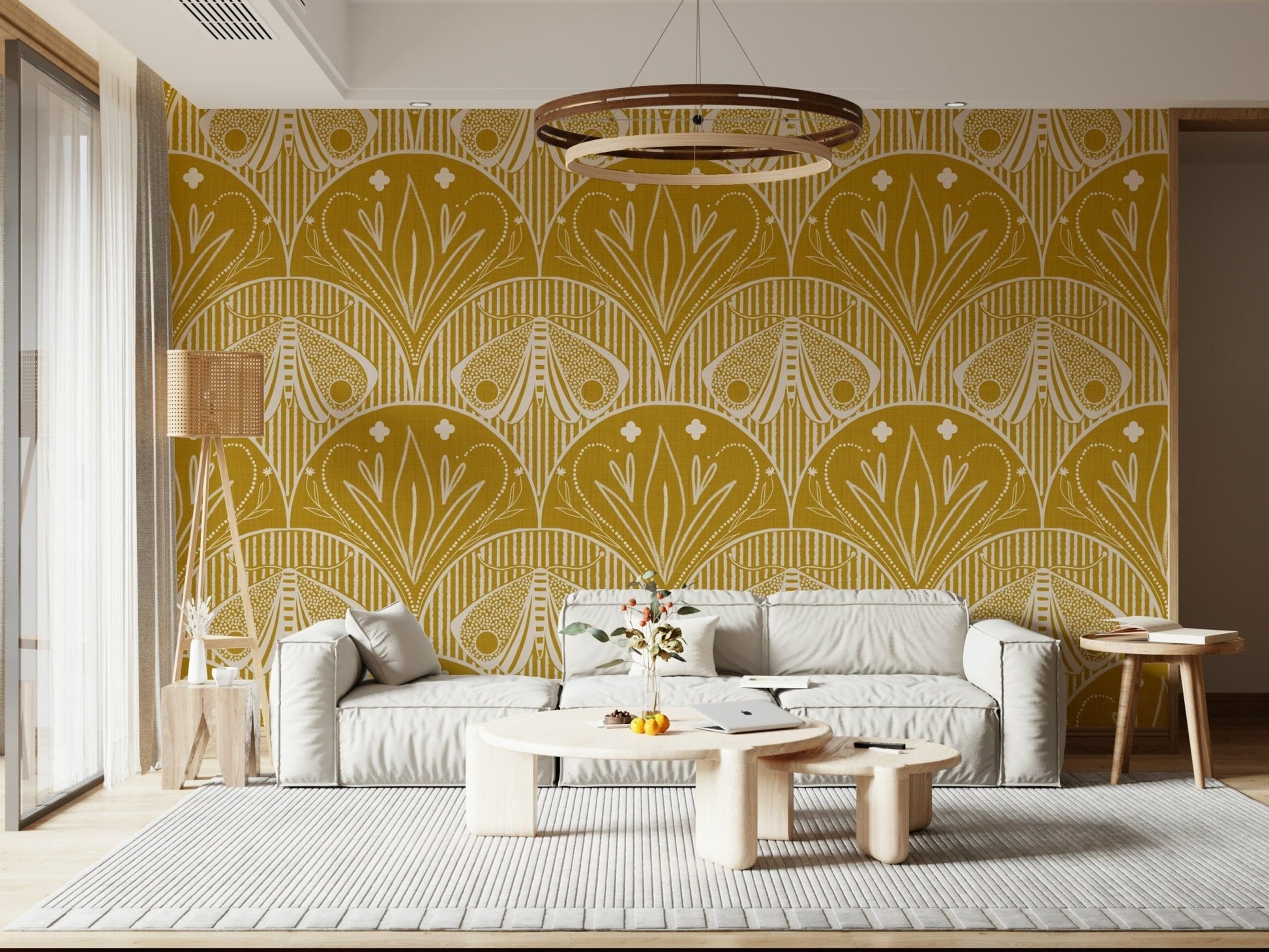 Boho Art Nouveau moth and florals peel and stick wallpaper