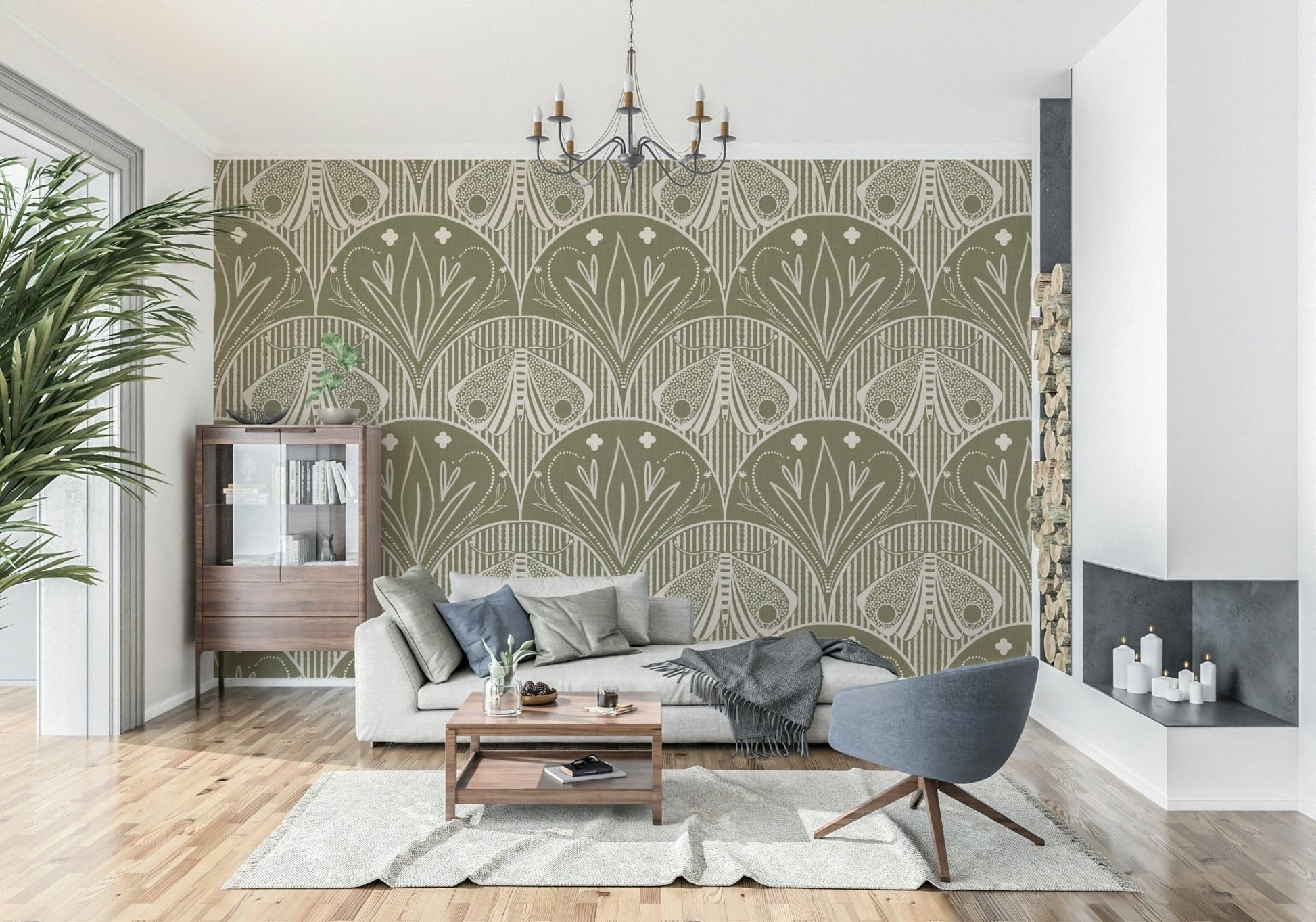 Olive Drab Boho Butterfly Wallpaper Mural