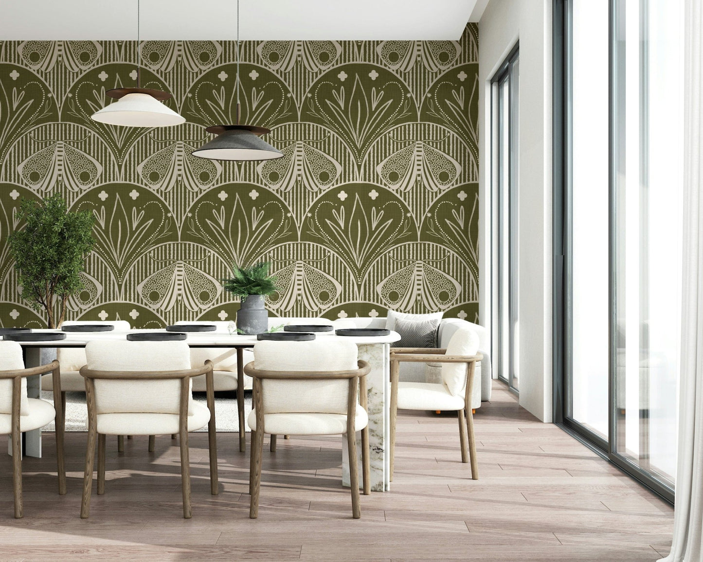 Boho Moth Art Olive Drab Decorative Wallcovering