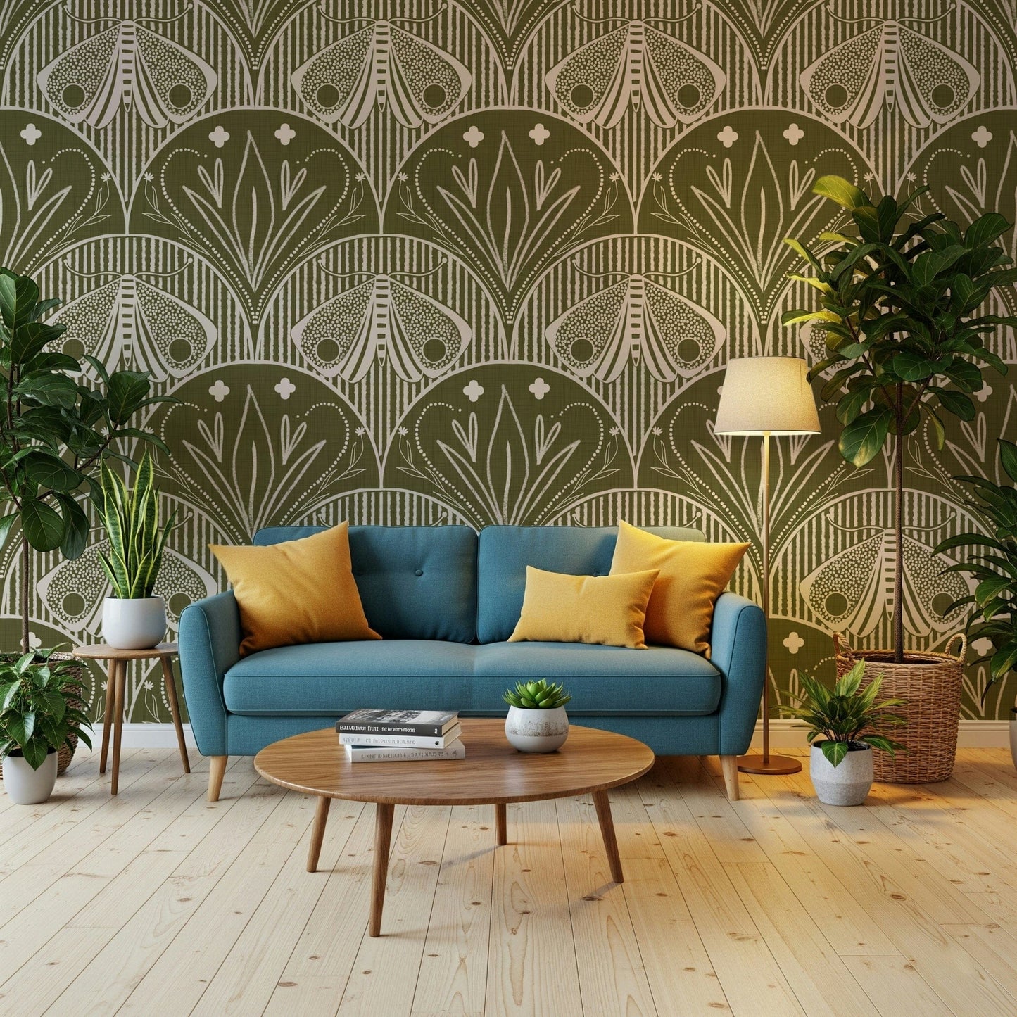 Olive Drab Art Nouveau Scallop Wallpaper