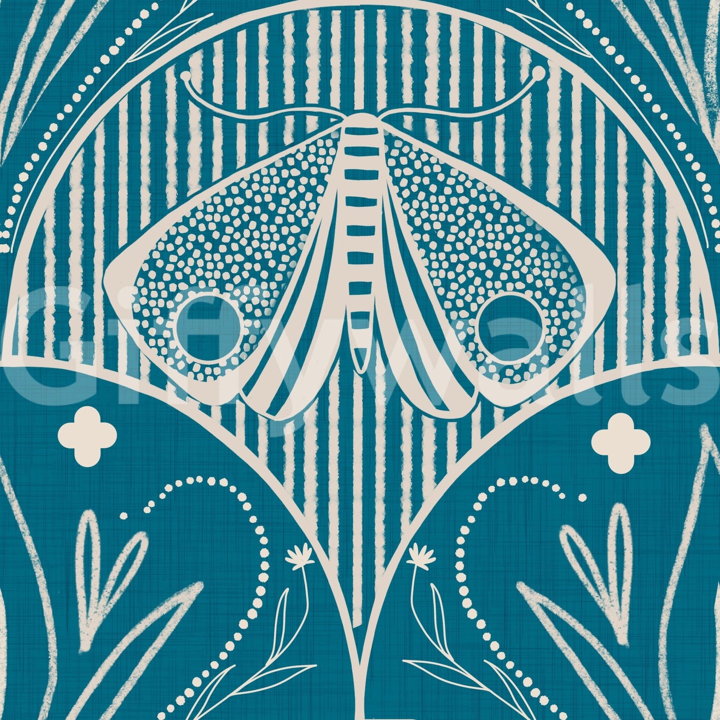 Cream insect wings Scallop Butterfly Floral teal background wallpaper.