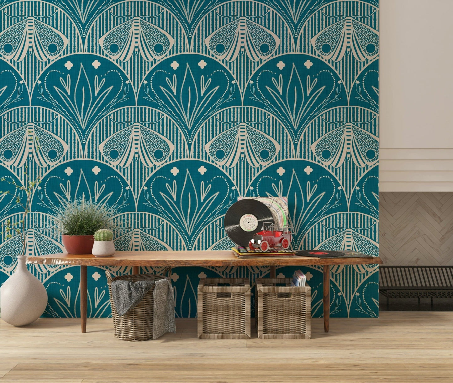 Boho Art Nouveau or Scallop Butterfly Floral teal wall mural moth