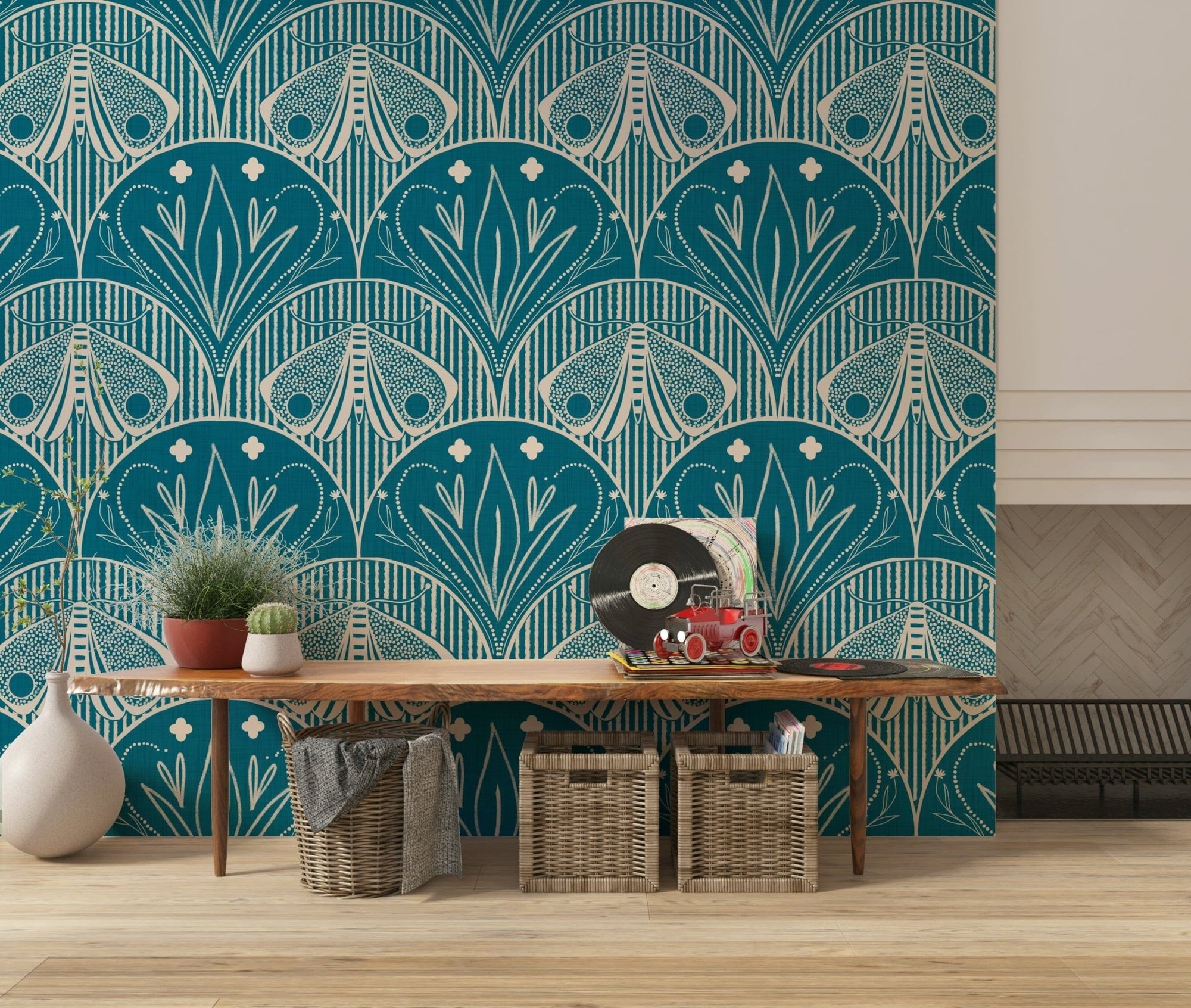 Boho Art Nouveau or Scallop Butterfly Floral teal wall mural moth, GD7029