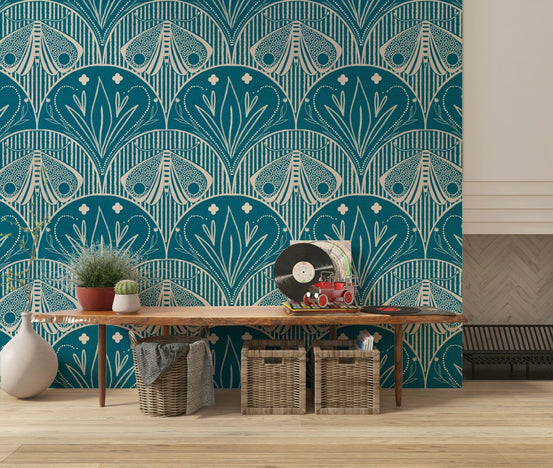 Boho Art Nouveau or Scallop Butterfly Floral teal wall mural moth, GD7029