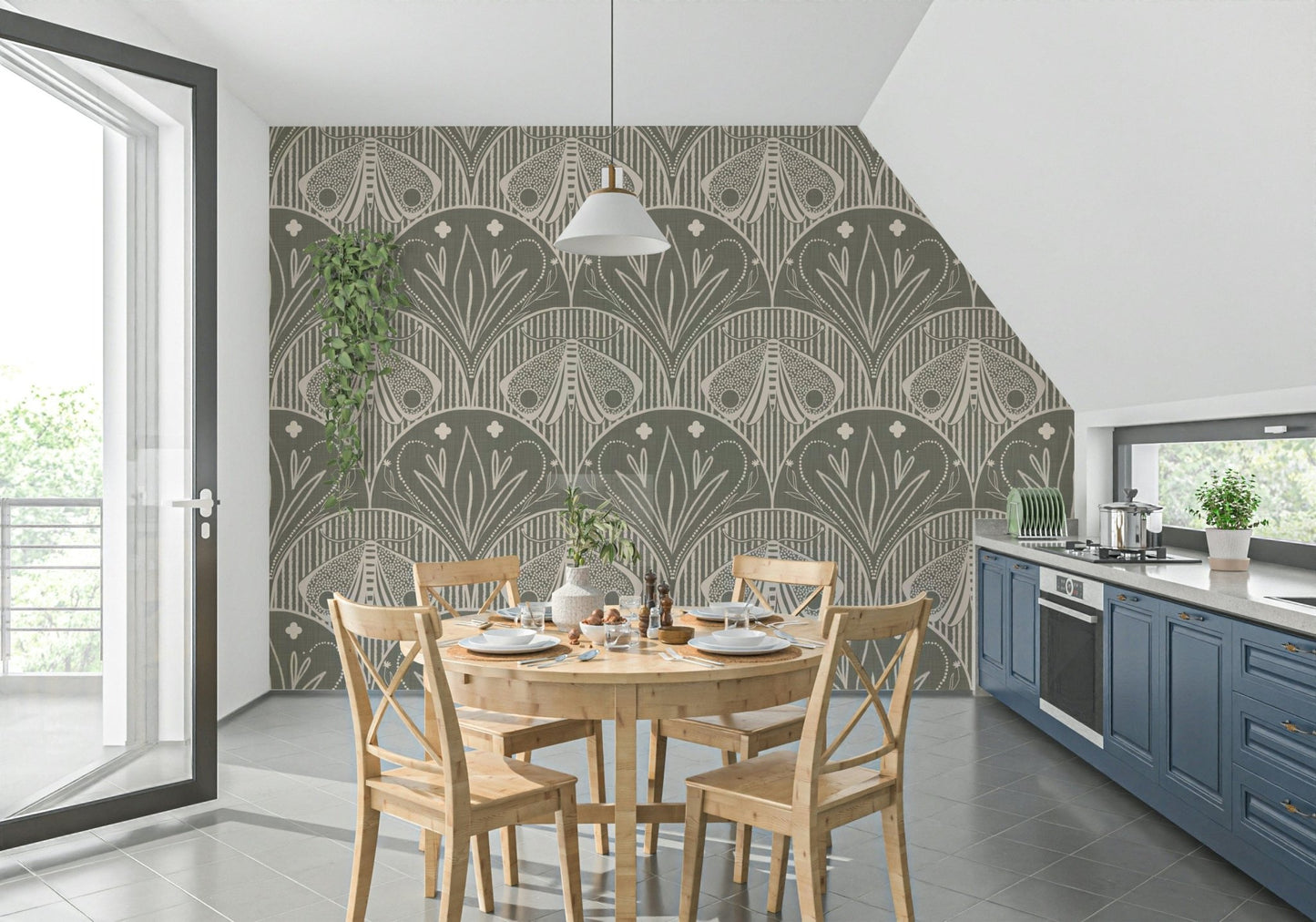Taupe Grey Boho Art Nouveau wall covering, decorative art style.