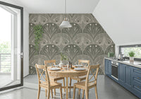 Taupe Grey Boho Art Nouveau wall covering, decorative art style.