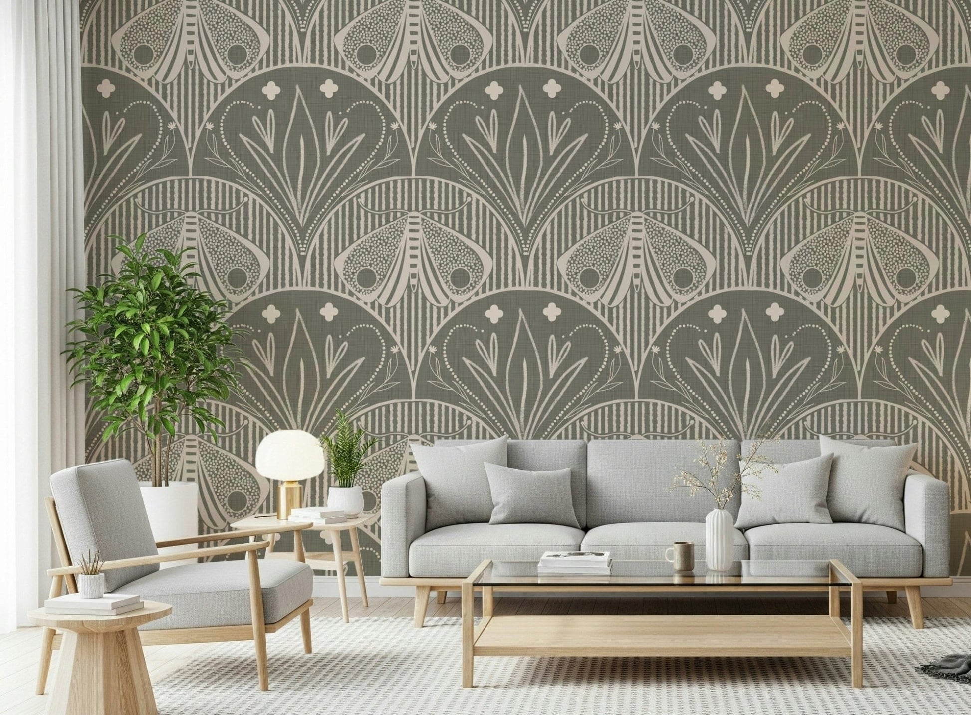 Mystic Boho Art Nouveau wallpaper, subtle natural linen texture.