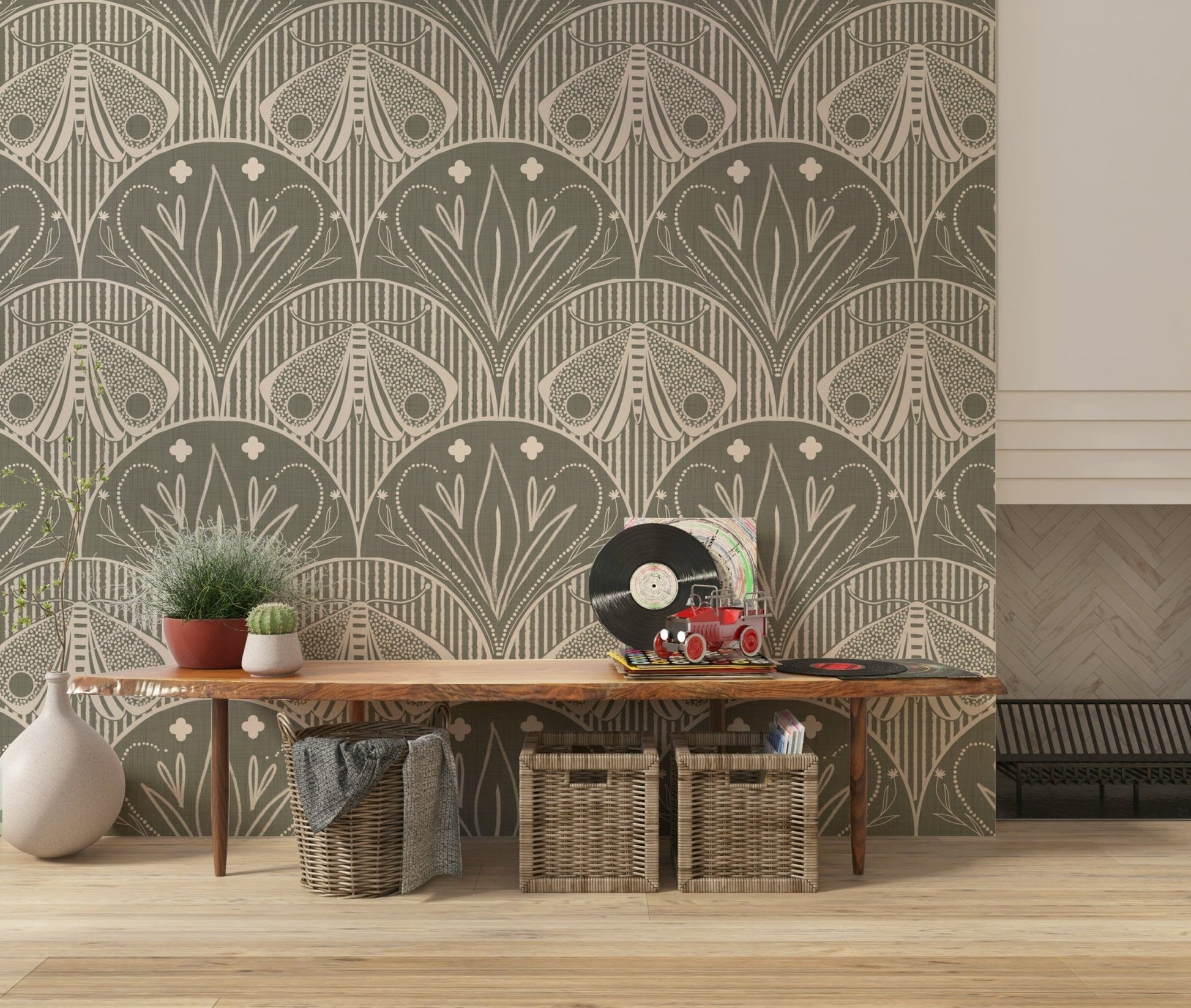 Elegant Boho Art Nouveau wallpaper for walls, sophisticated grey.