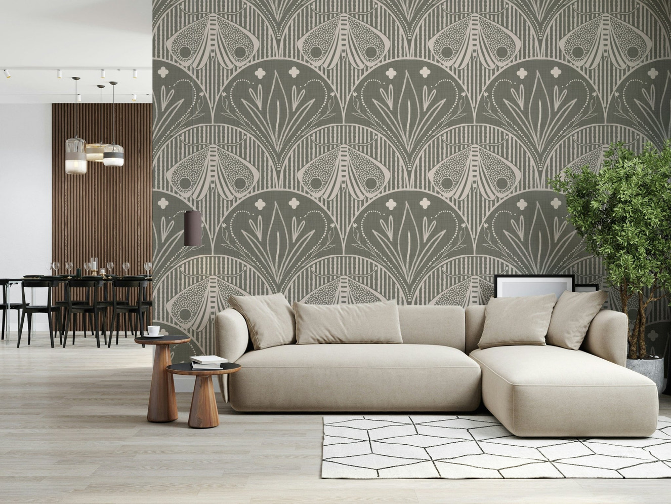 Boho Art Nouveau wallpaper, intricate moth motif in Taupe Grey.