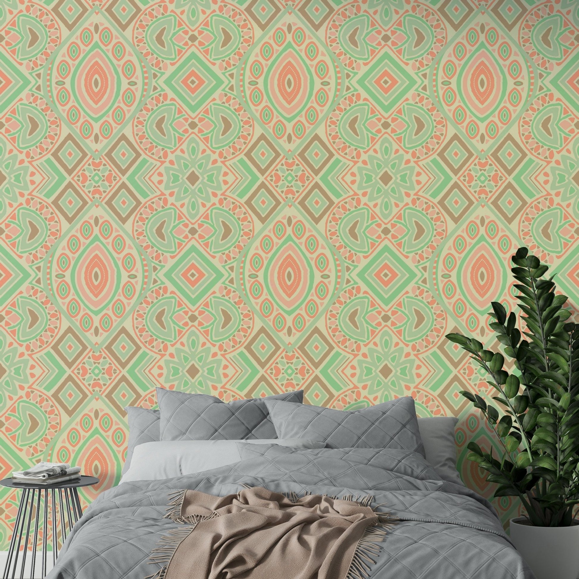 A full-wall mural showing a geometric Aztec-inspired pattern.
