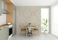 The design features a repeating pattern of soft, patterned shapes.

