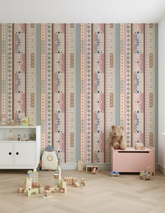 Boho Aztec wallpaper mural on entryway accent wall in soft pastels.

