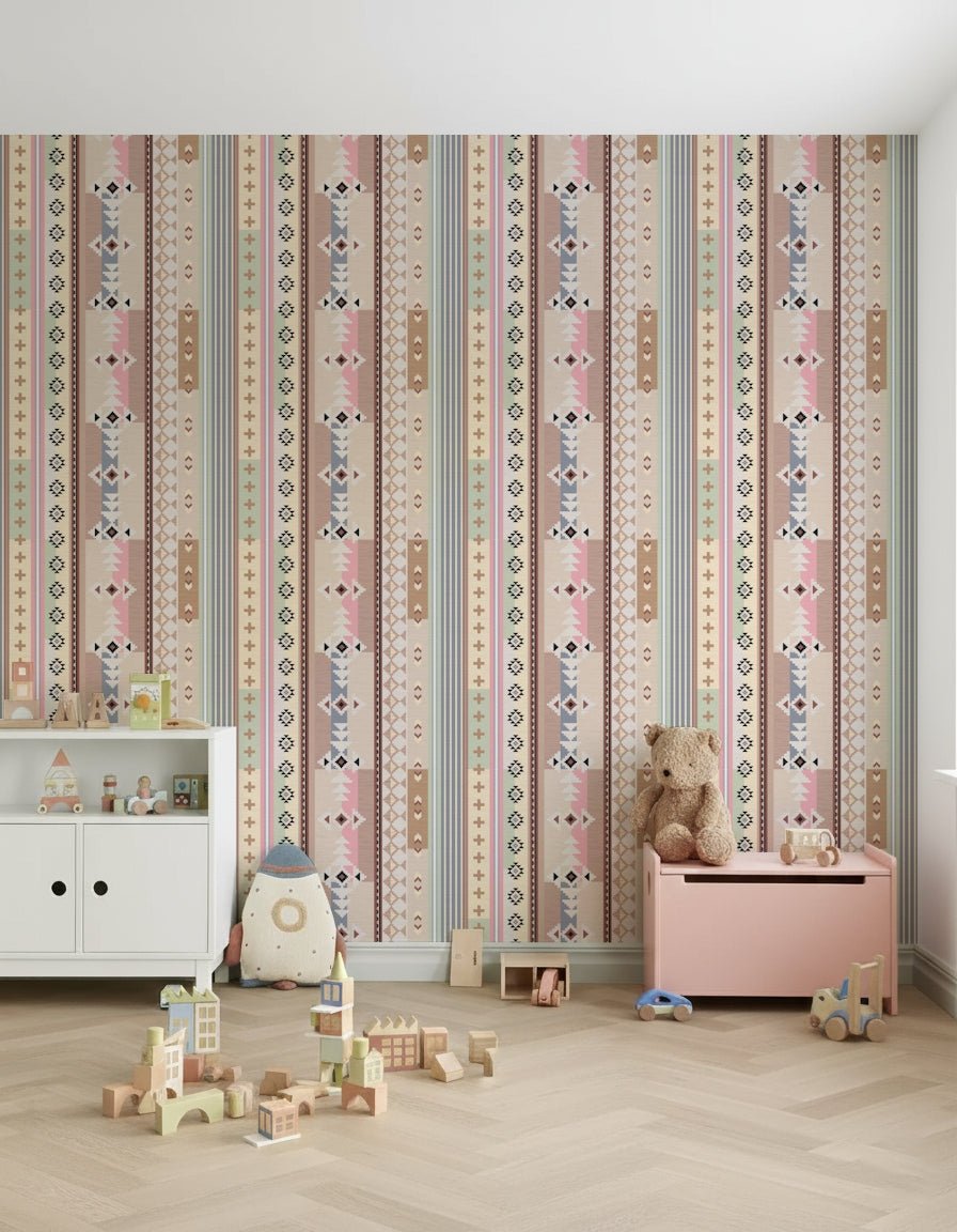 Boho Aztec wallpaper mural on entryway accent wall in soft pastels.

