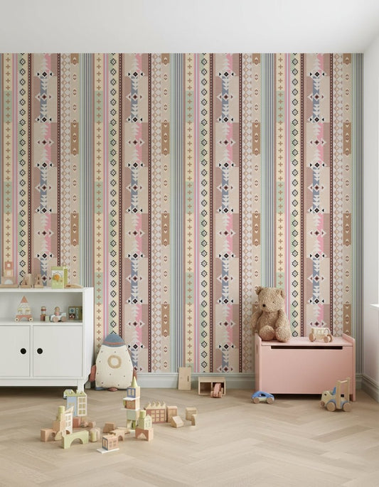 Boho Aztec wallpaper mural on entryway accent wall in soft pastels.


