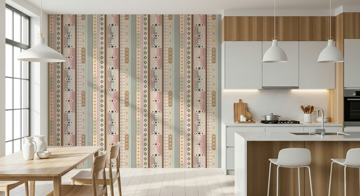 Earthy pastel tribal motifs on bohemian style wallpaper for walls.

