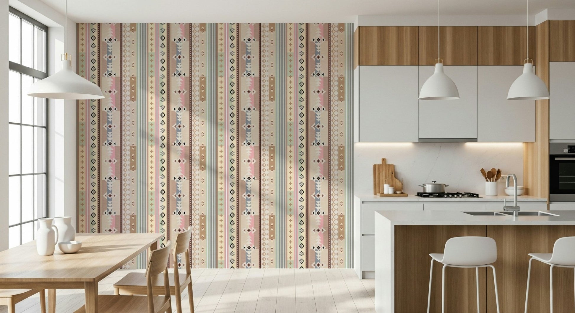 Earthy pastel tribal motifs on bohemian style wallpaper for walls.

