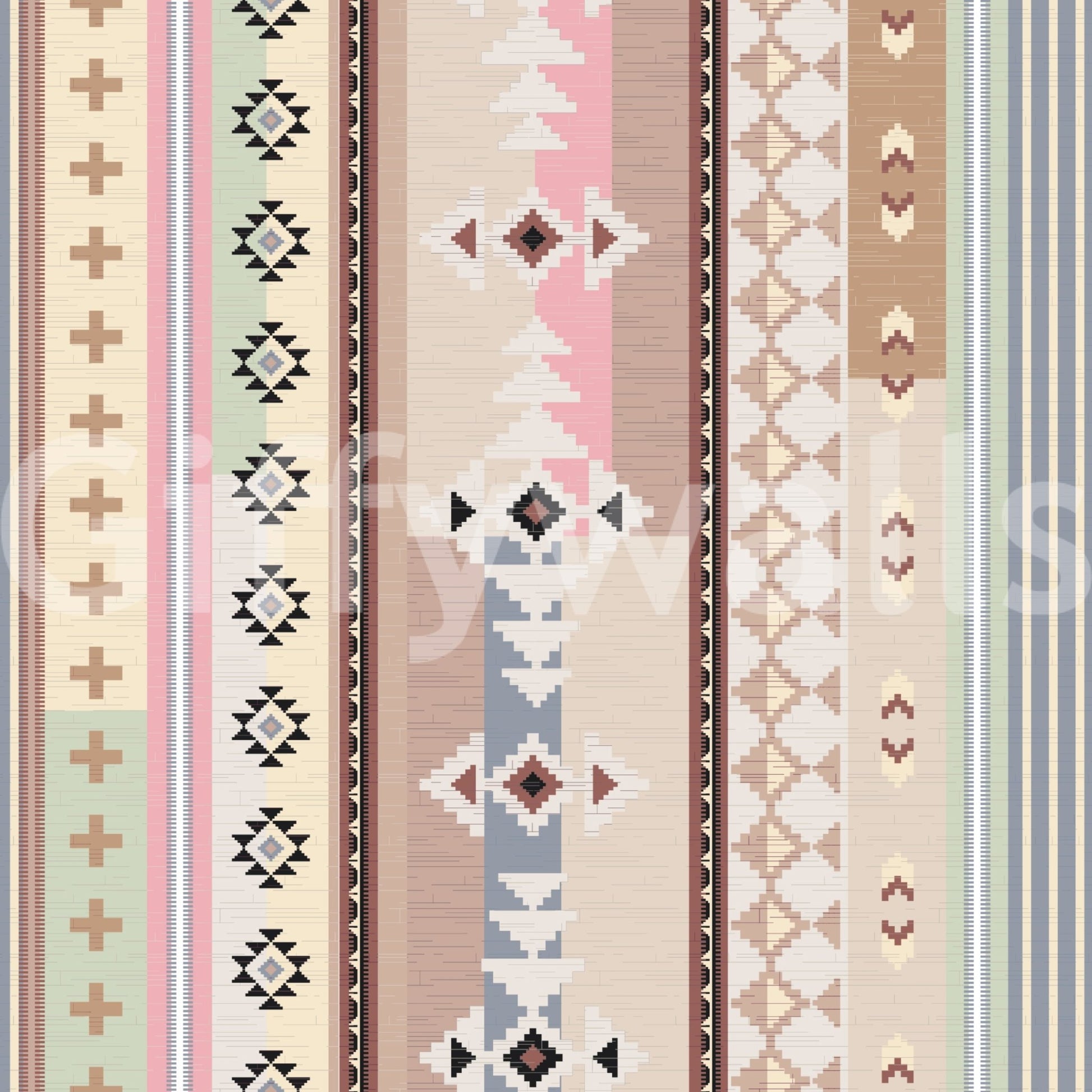 Bohemian lounge with unique banded Aztec design wall mural.

