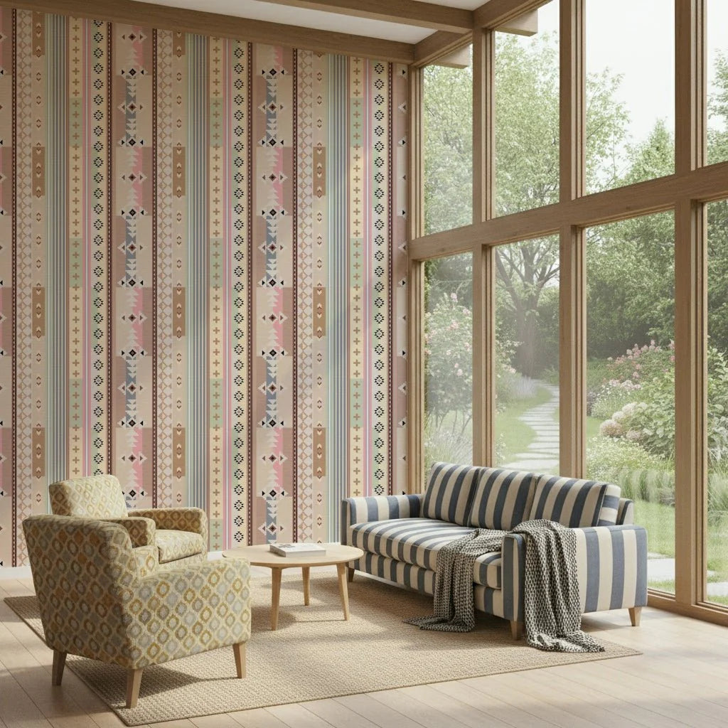 Living room with patterned wallpaper, striped sofa, and armchair.