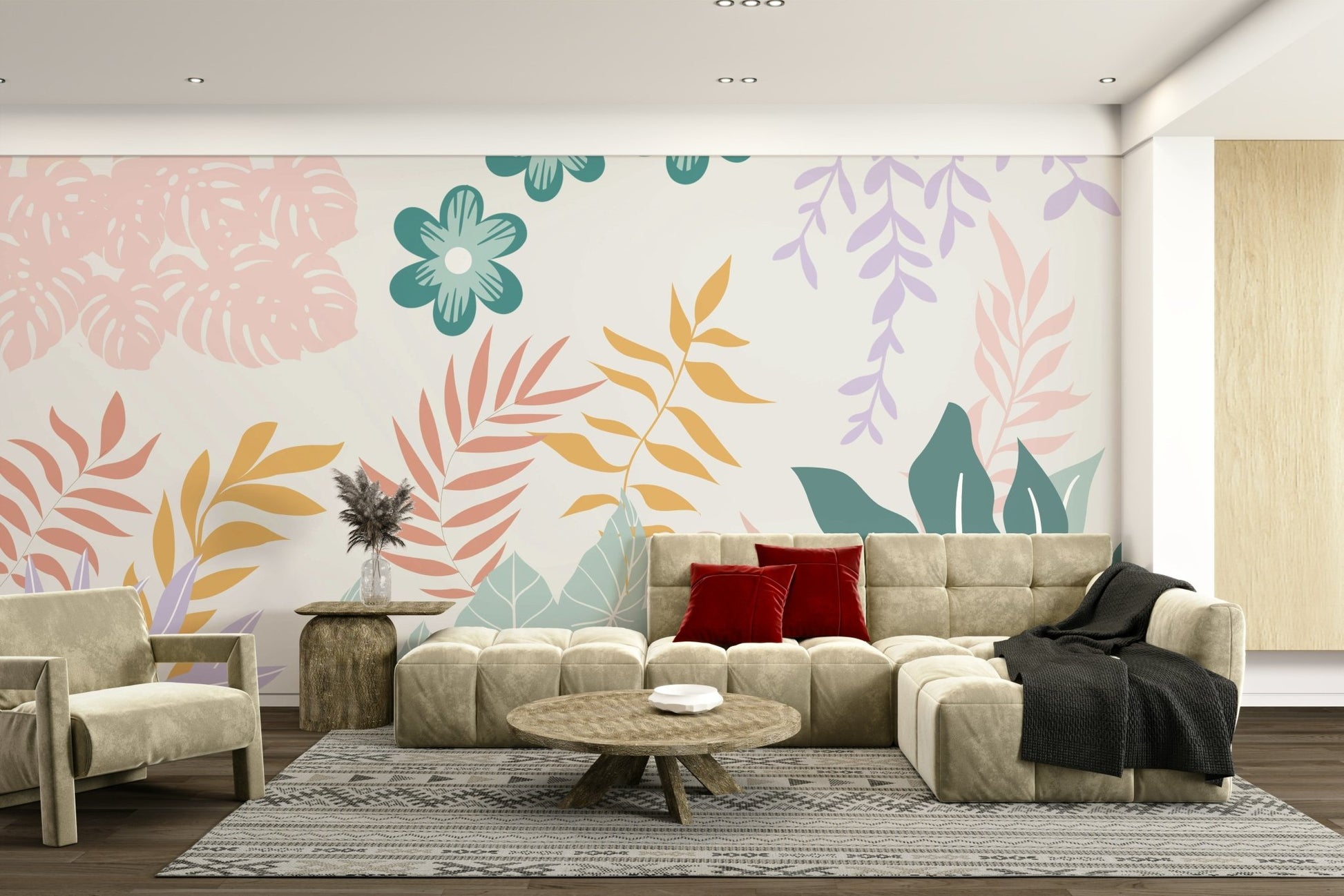 The flowers and leaves have organic, flowing shapes.

