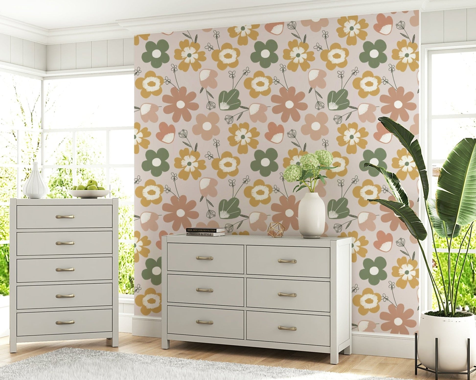 Abstract wildflower  Boho Blooms wallpaper for walls in earthy tones.