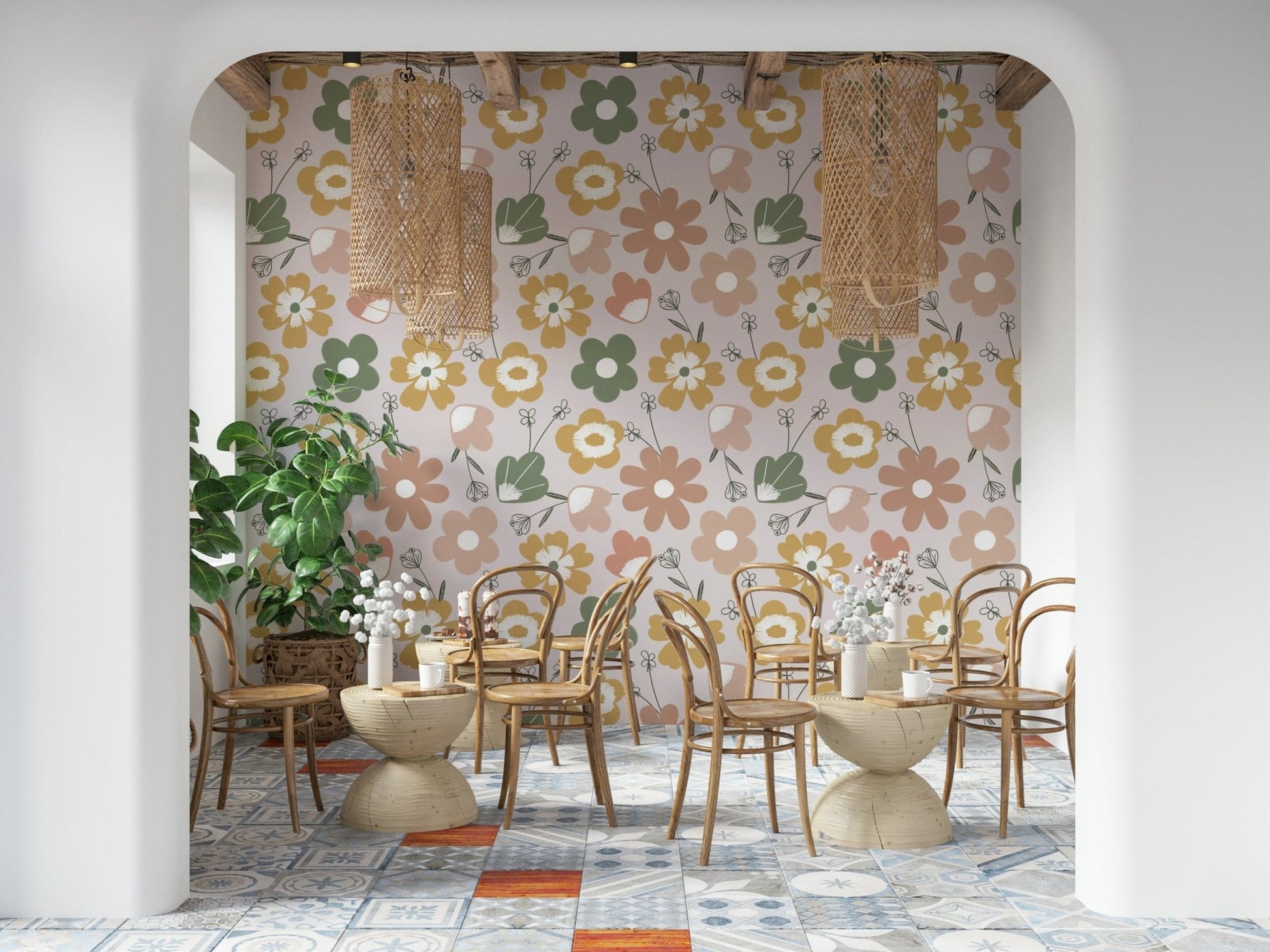Boho Blooms Wallpaper soft floral pattern on pink.
