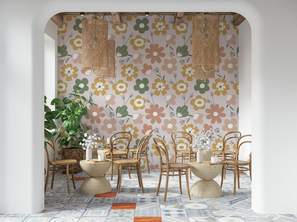 Boho Blooms Wallpaper soft floral pattern on pink., GD6550