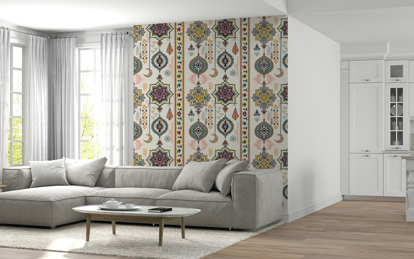 A beautiful boho charms wallpaper mural with subtle, free-spirited patterns.