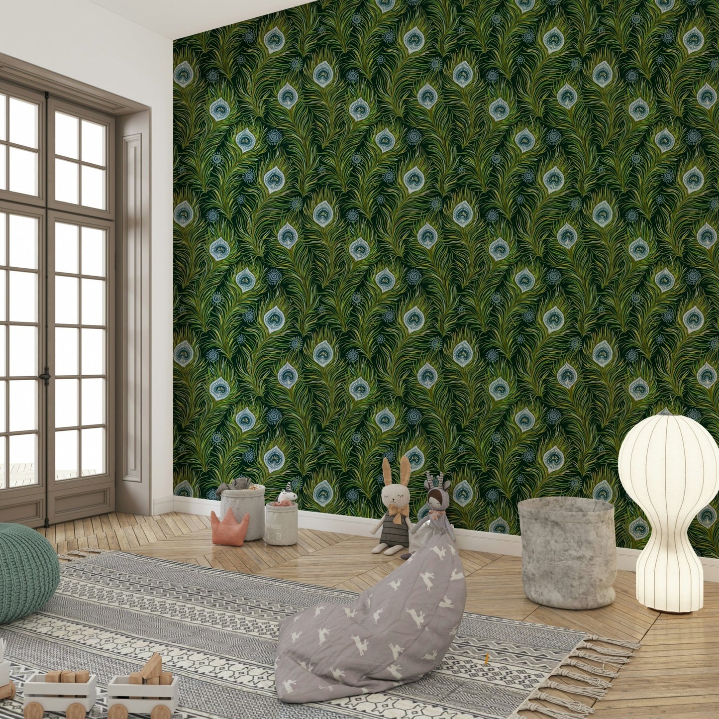 Boho Chic Peacock Feathers - Blue and Green - Dark  Wallpaper⁠