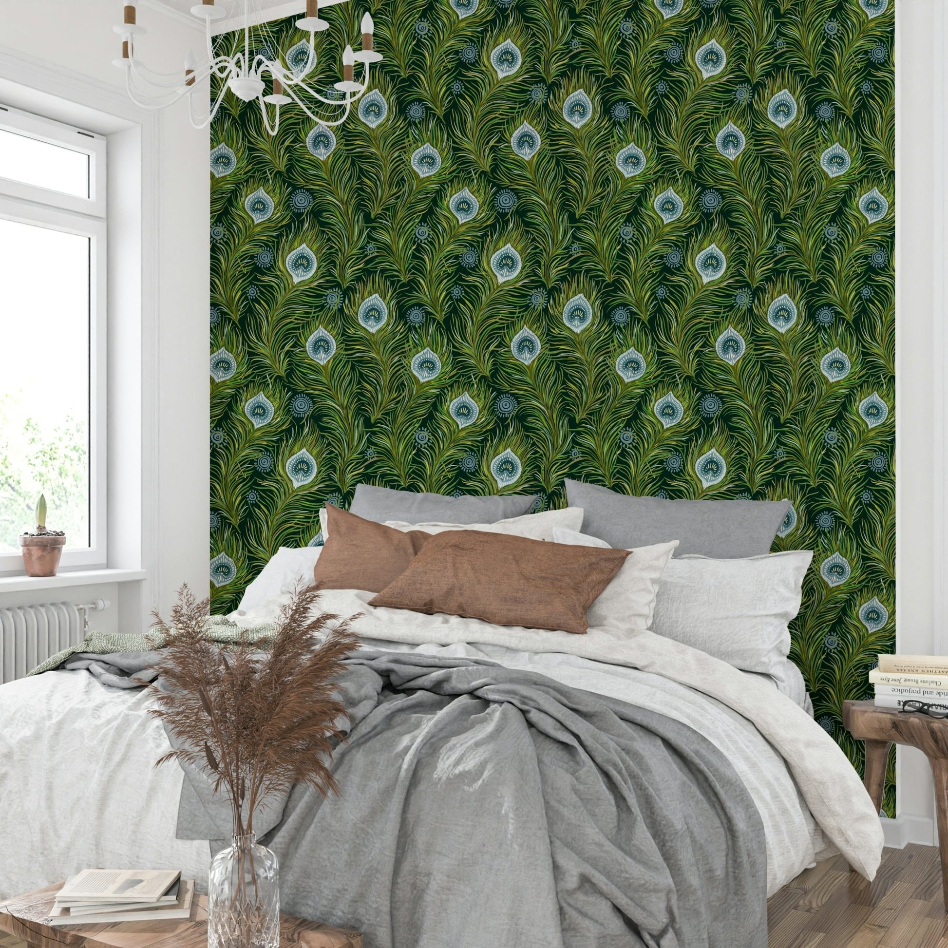 Blue green boho feather wallpaper

