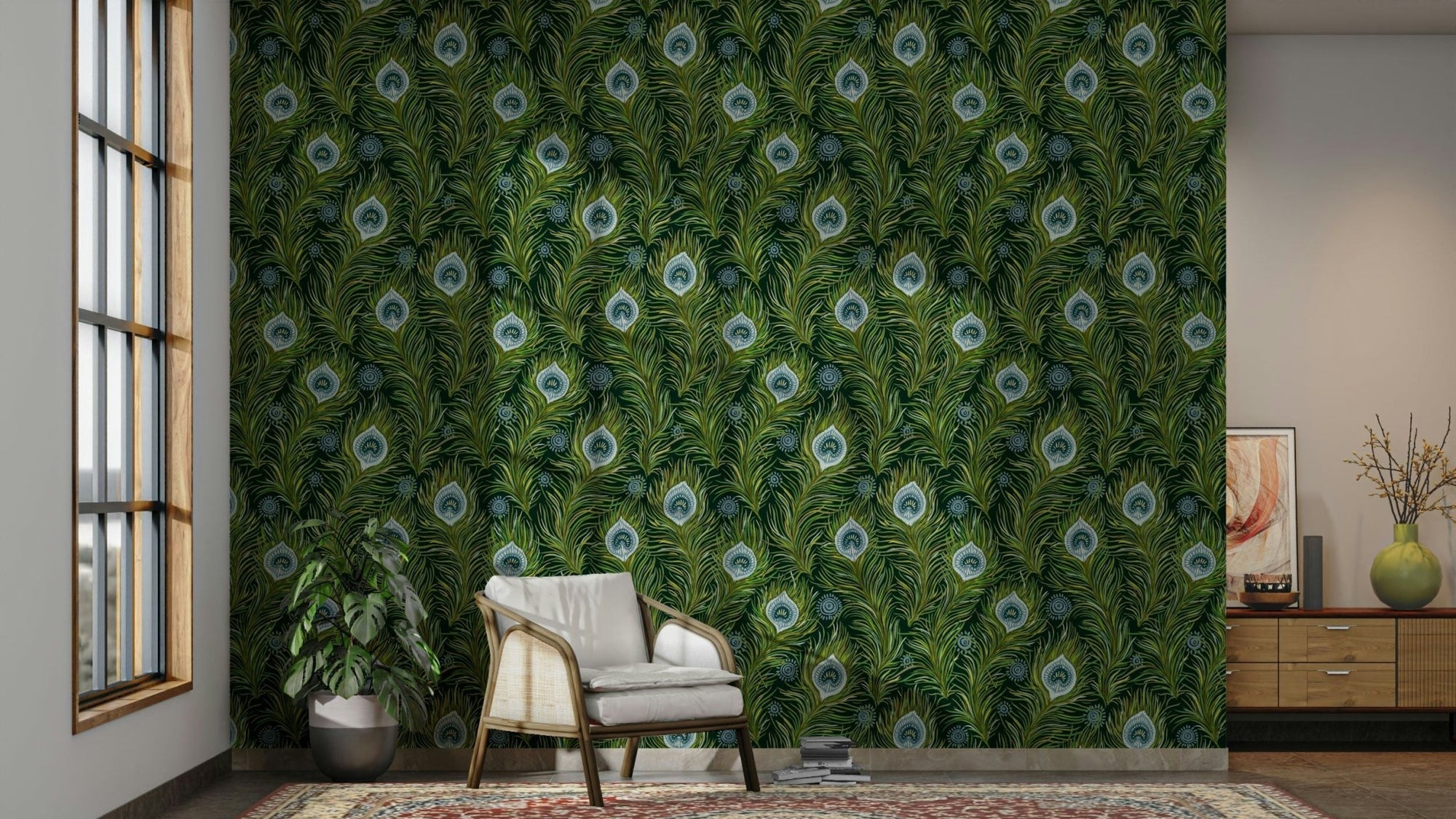 Boho chic peacock feathers wallpaper, GD853