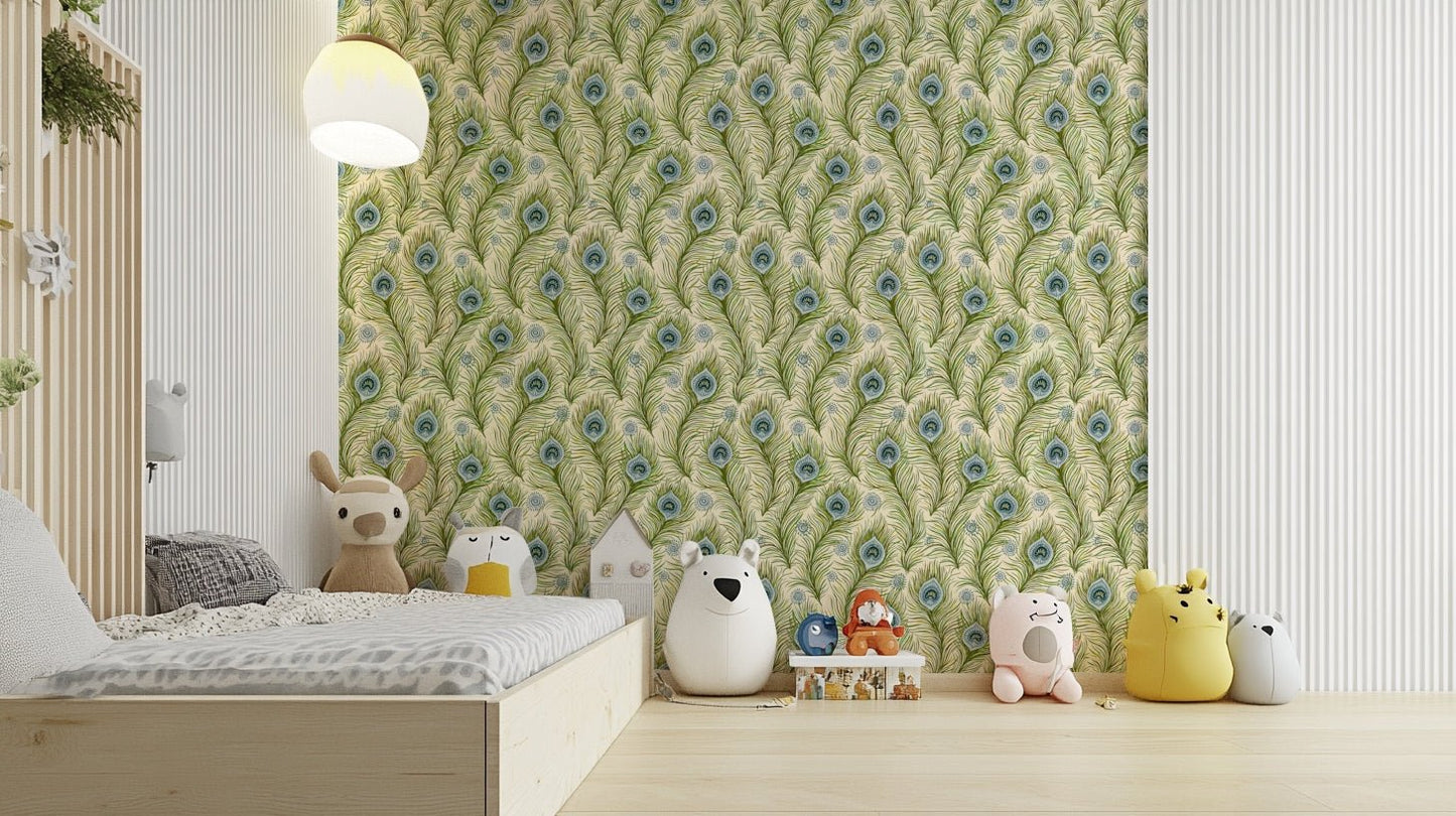 Blue green feather wallpaper design, GD852