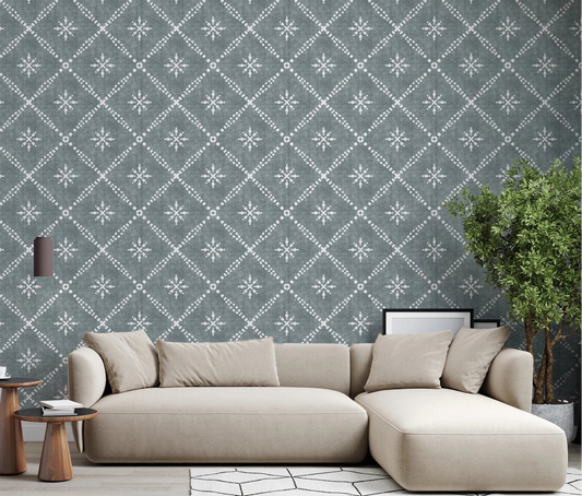 Living room with Boho Dotted Calming Blue Wallpaper and white lattice pattern