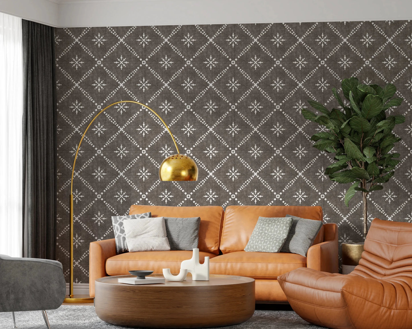 Boho Dotted Lattice Grunge Dark Bark Wallpaper⁠