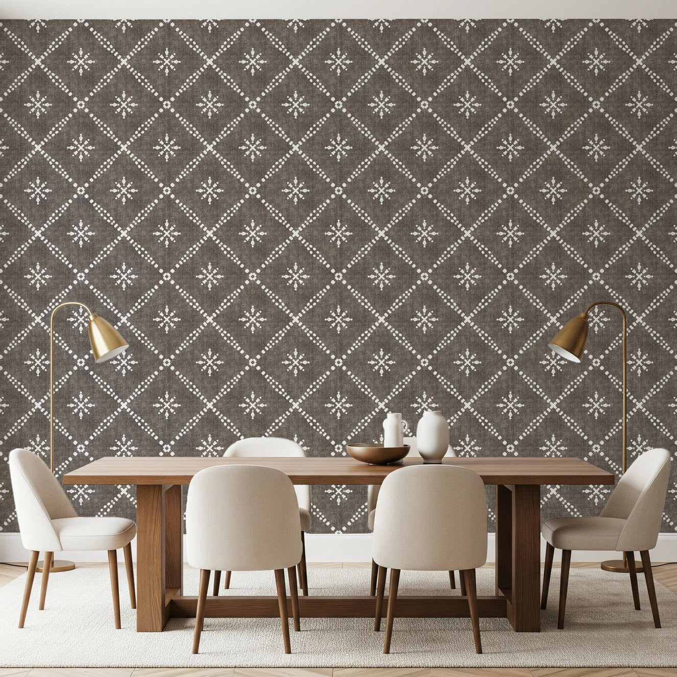 Dining room with Boho Dotted Dark Bark Wallpaper in white lattice pattern