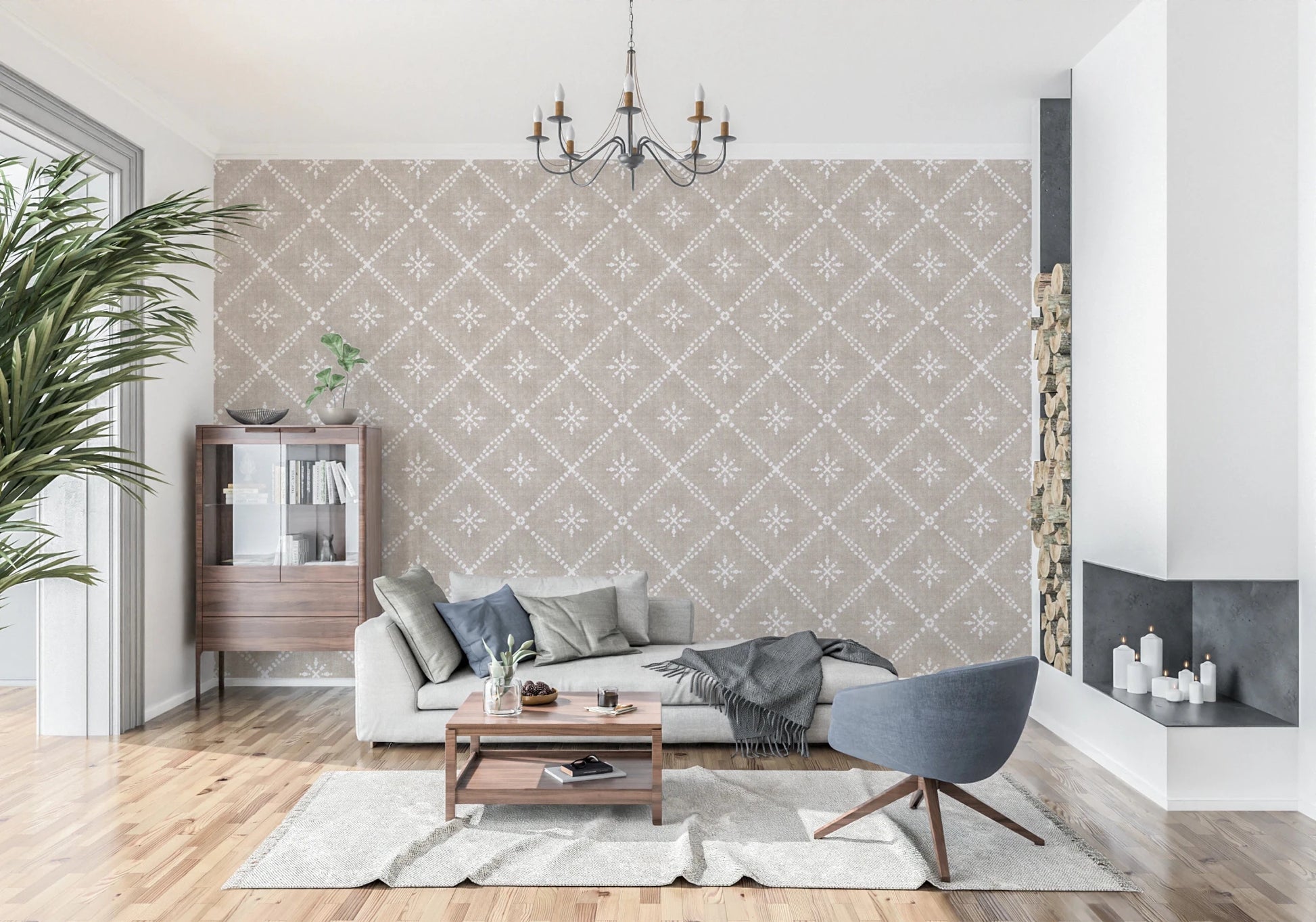White dotted lattice on earthy beige backdrop