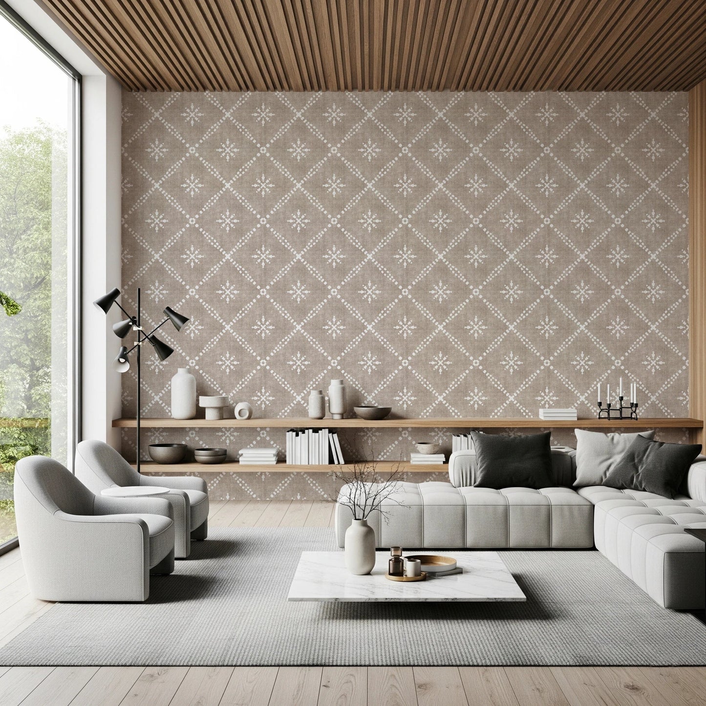 Boho beige wall mural with lattice detail