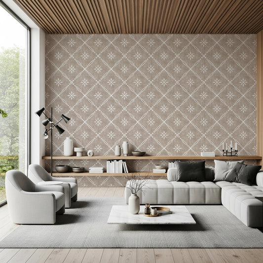 Boho beige wall mural with lattice detail, GD8515
