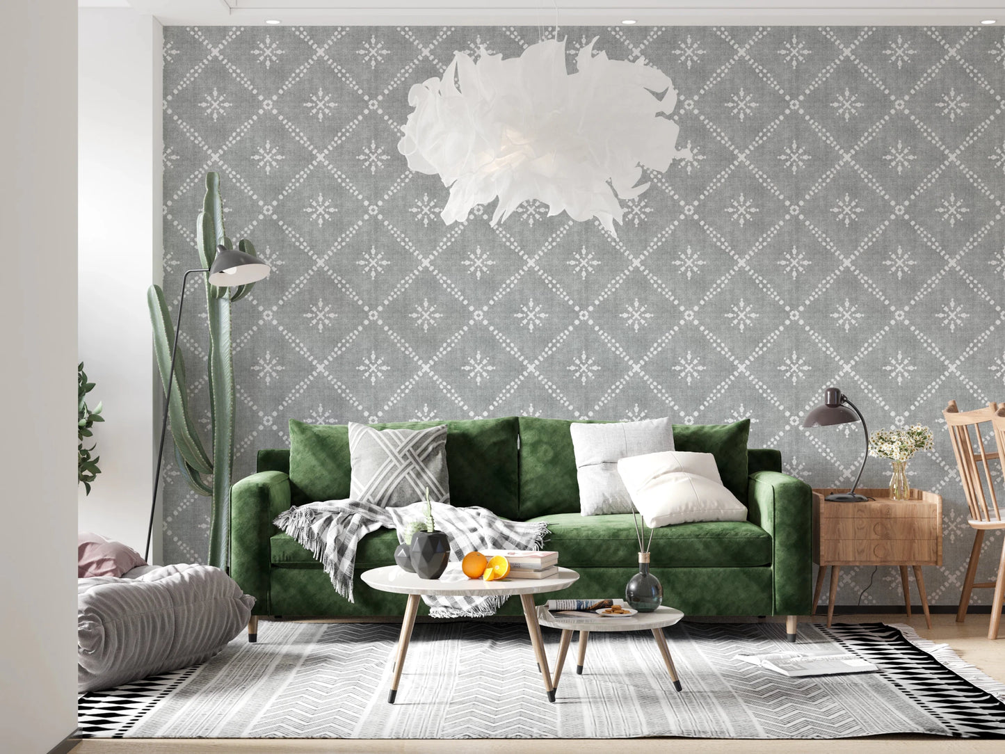Boho Dotted Lattice Grunge Grey Clouds Wallpaper⁠