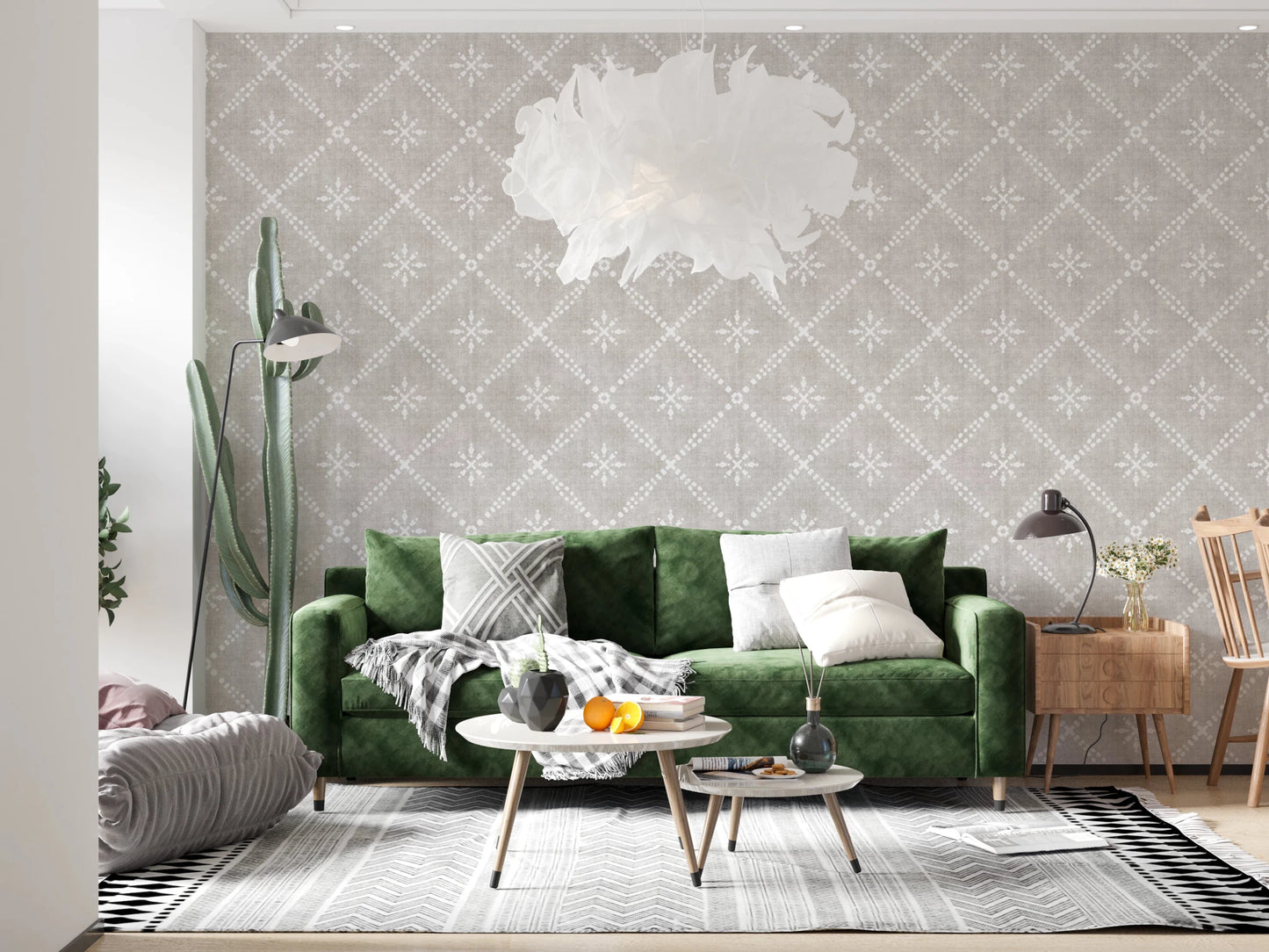 White dotted lattice on neutral grey backdrop