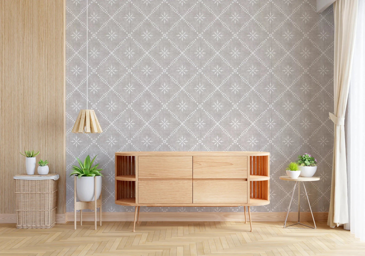 Neutral grey wallpaper with starburst motifs