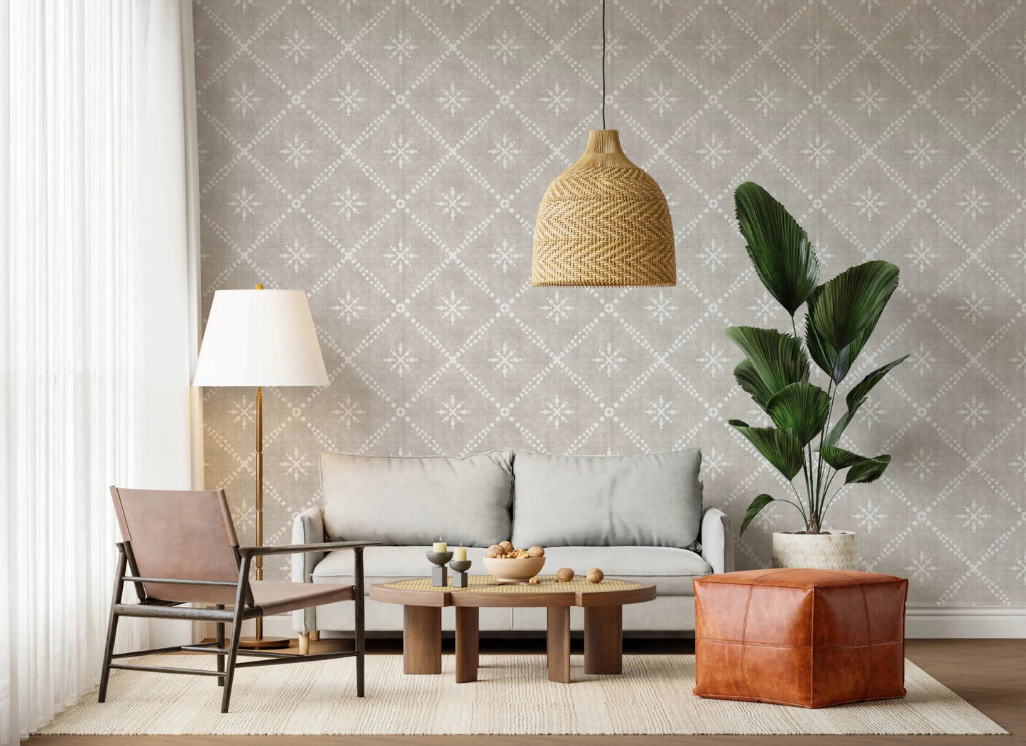 Boho neutral wall mural with lattice detail