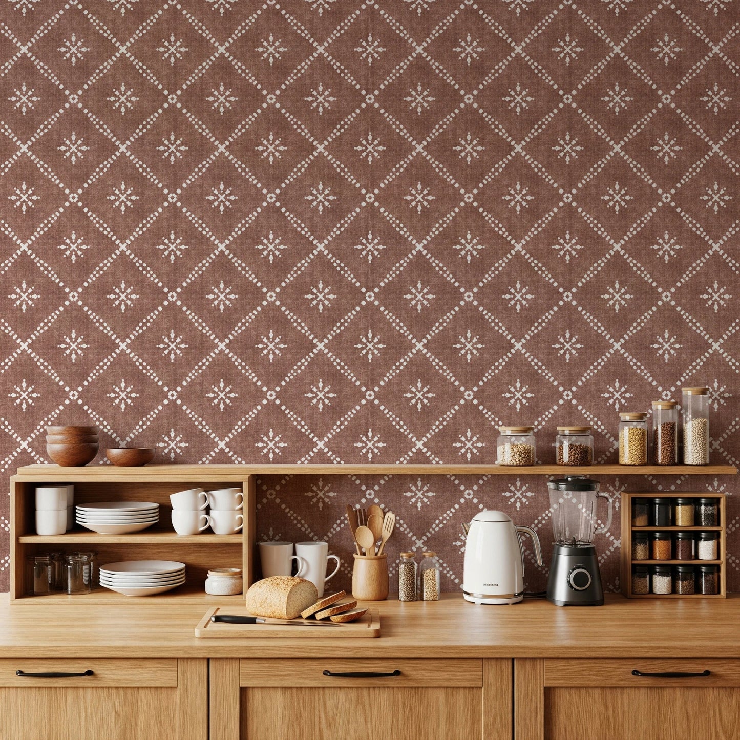 Boho Dotted Lattice Grunge Terracotta Red Wallpaper⁠