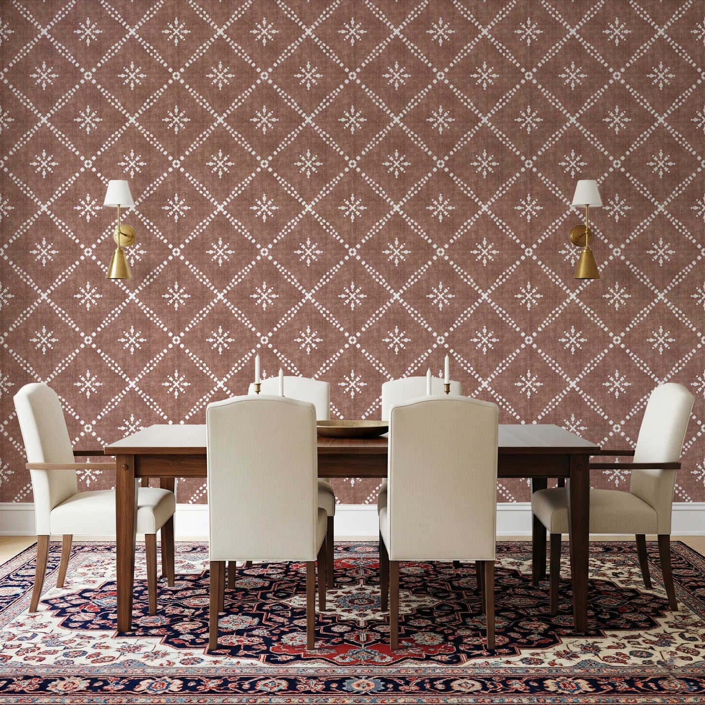 Boho Dotted Lattice Grunge Terracotta Red Wallpaper⁠